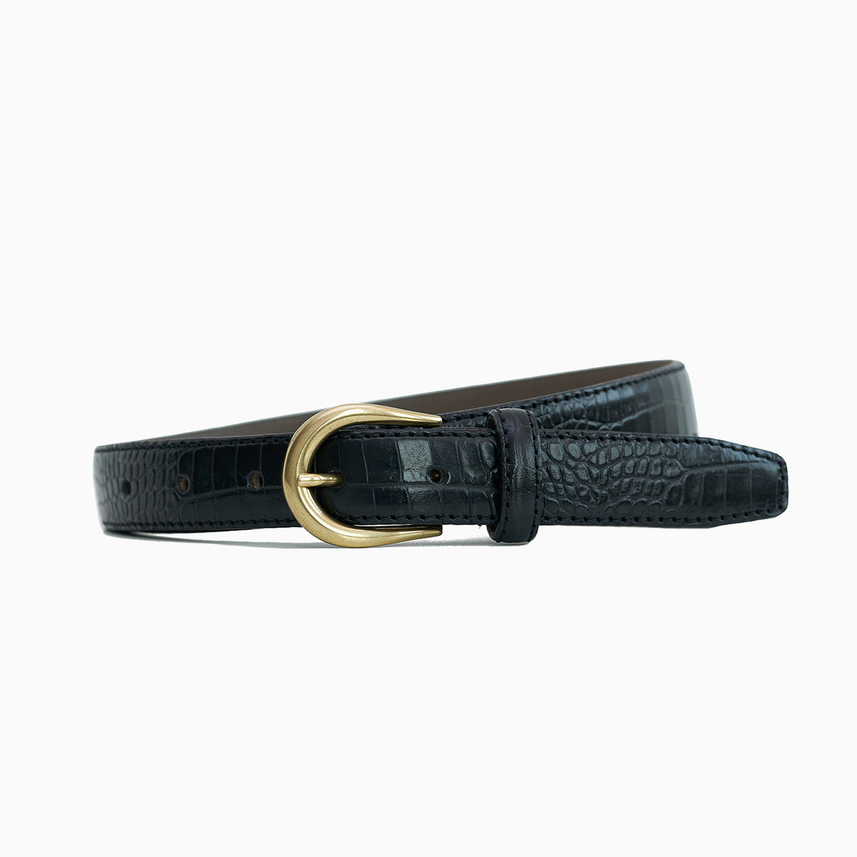 Belts.Com Black Croc Embossed Italian Calfskin Belt Sz 52 1”Wide Brass Bkl EUC Amis Belt in Black Croc Embossed/Gold | L main image 4